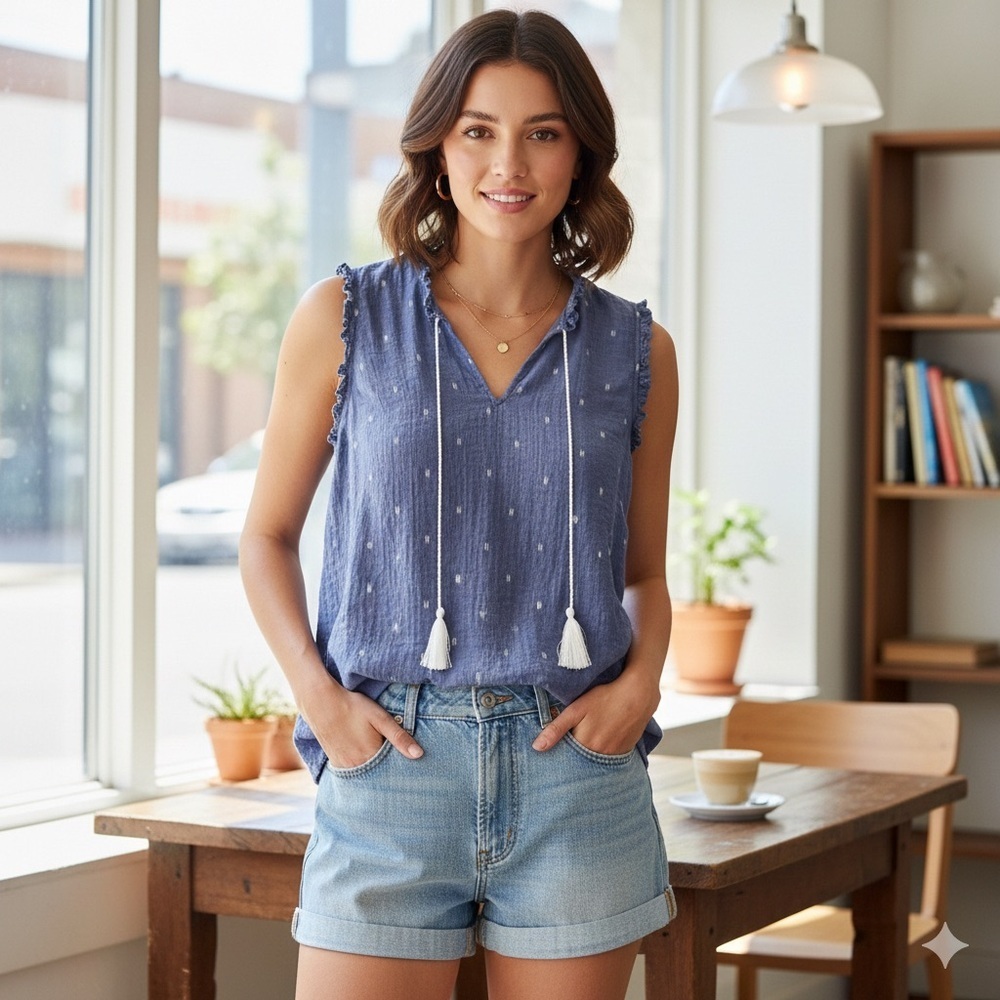 Old Navy Blue Blouse with White Dots